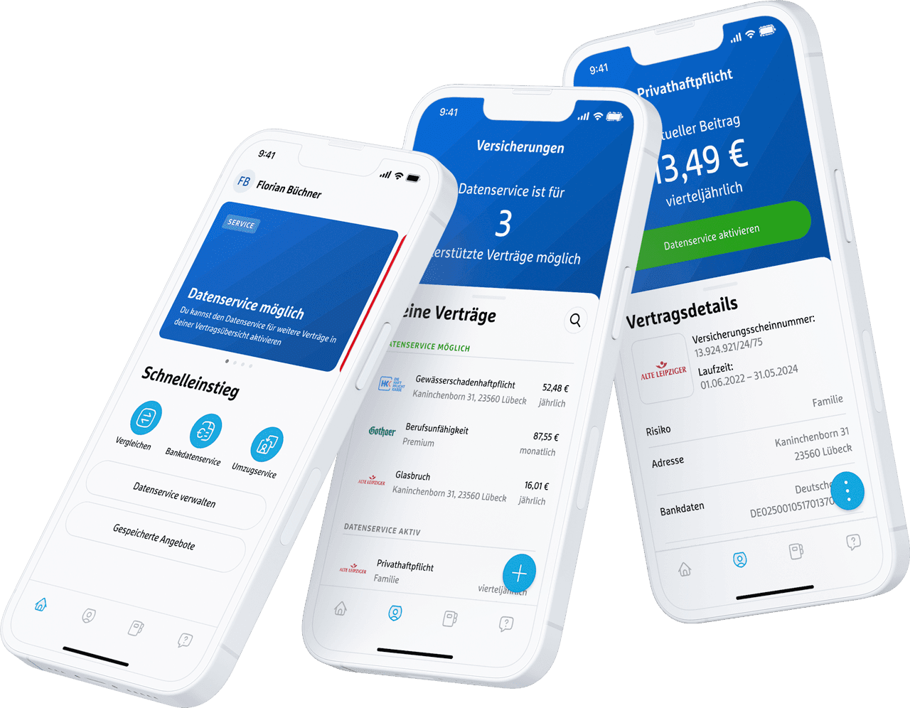 simplr App – drei iPhone-Mockups mit Übersicht, Vertragsliste und Vertragsdetails